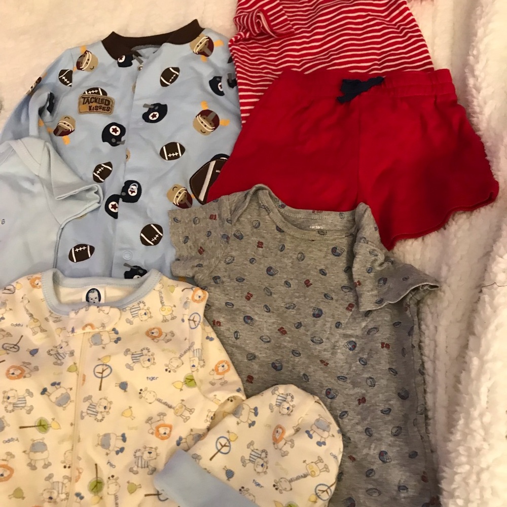 New baby boy clothes the blue football is a 9 mo. The rest are 3-6 mos - Picture 4 of 14